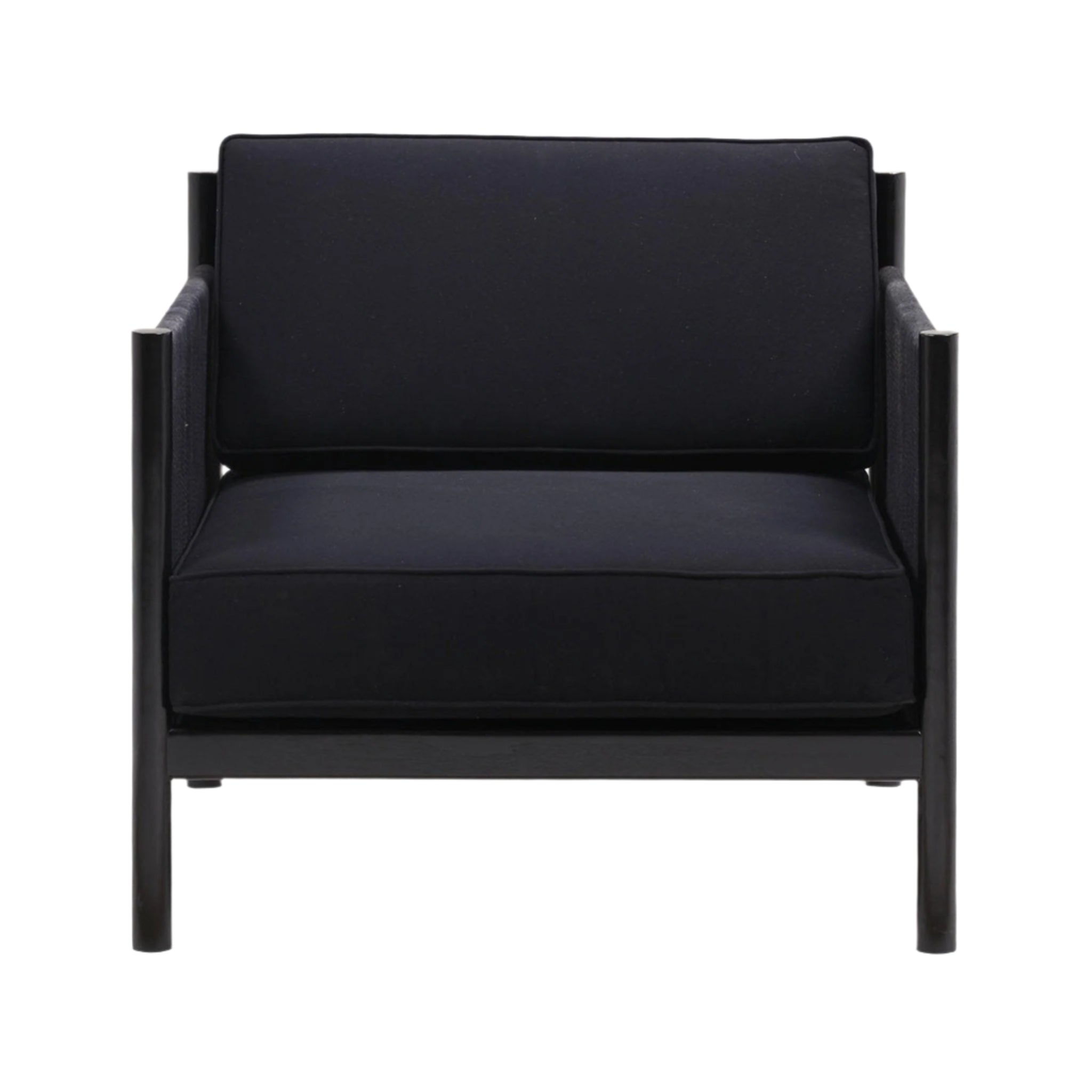 Front view of a modern black fabric-upholstered lounge chair with a solid wood frame, straight square arms and thick seat and back cushions on a white background.