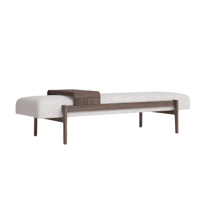 Cream boucle upholstered end-of-bed bench on a warm brown solid wood frame with slim tapered legs and an integrated wooden center tray, shown against a white background.