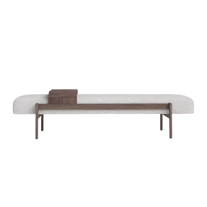 Low end-of-bed bench with off-white boucle upholstery, walnut-toned solid wood frame and integrated rectangular wood tray; minimalist modern coastal silhouette for bedroom or entryway.