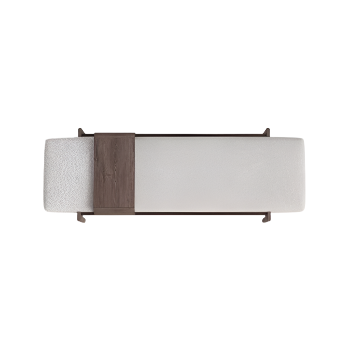 Top-down view of a modern end-of-bed bench upholstered in white boucle fabric, featuring a dark solid wood frame and an integrated rectangular wood tray at one end.
