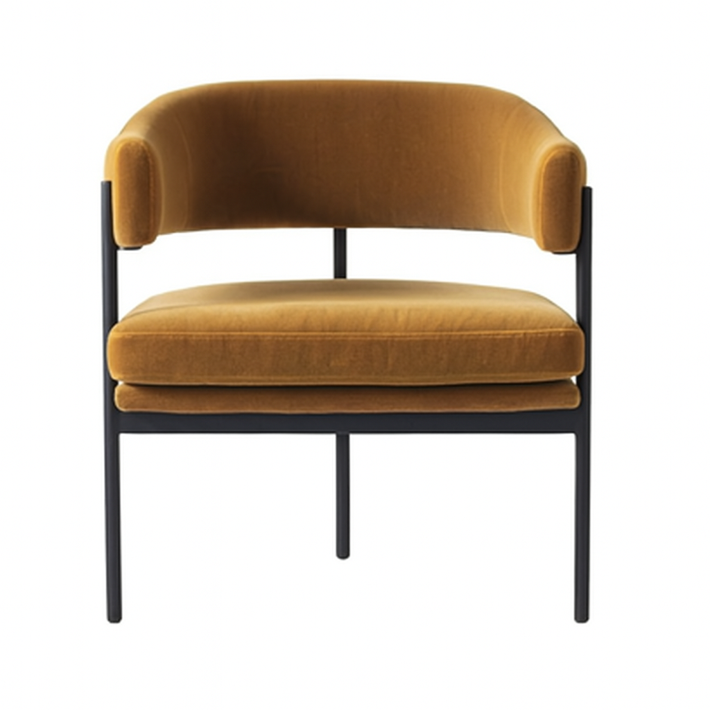 Front view of a mustard velvet upholstered lounge chair with a curved open back, plush layered seat cushion and slim black metal frame and legs, a mid-century modern glam accent for living rooms.
