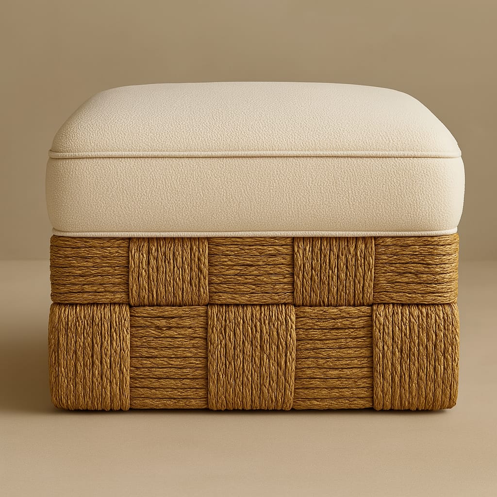 Cream boucle cushion resting on a warm brown woven sisal base in a checker pattern, shown front-on as a square footstool against a neutral background.