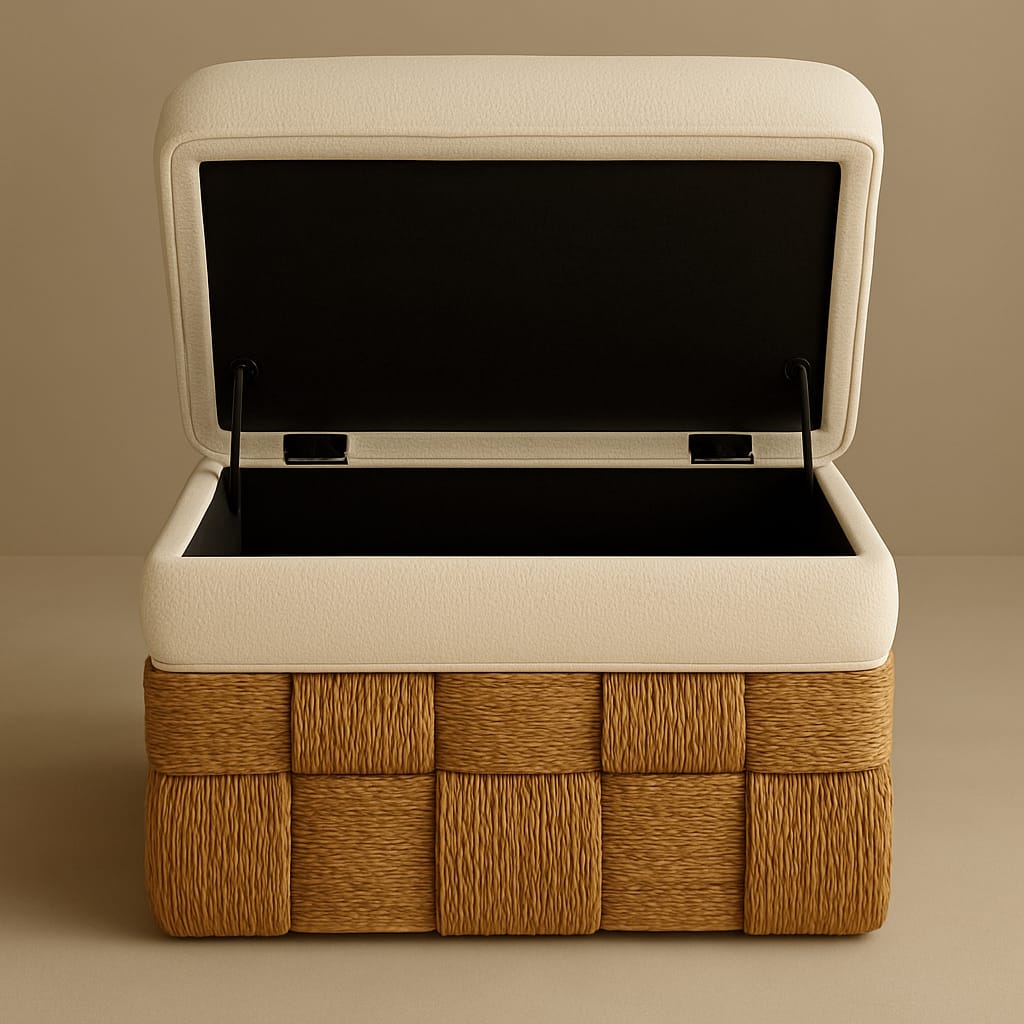 Open storage footstool with a cream boucle-upholstered top and woven natural sisal base, revealing a black-lined interior and visible metal support hinges.