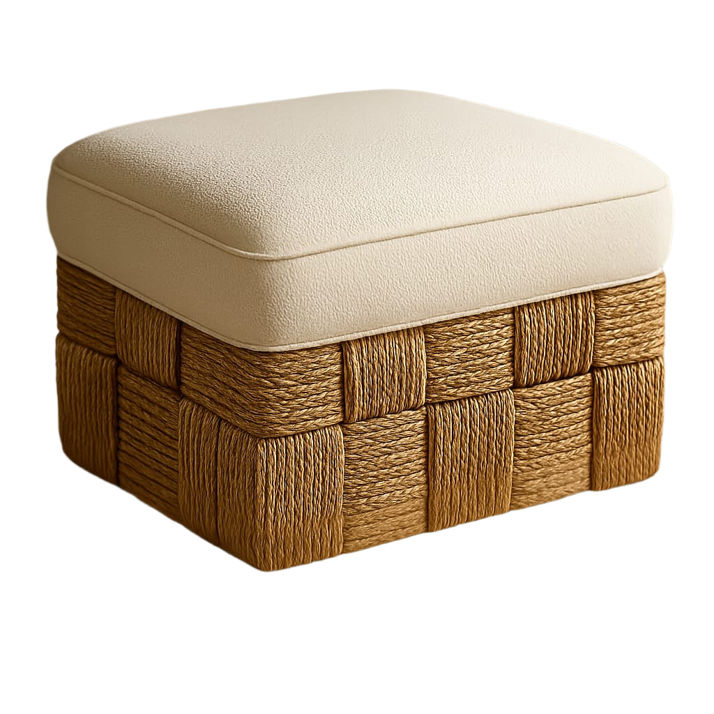 Square footstool featuring a natural sisal woven base and a cream boucle upholstered cushion top, isolated on a white background.