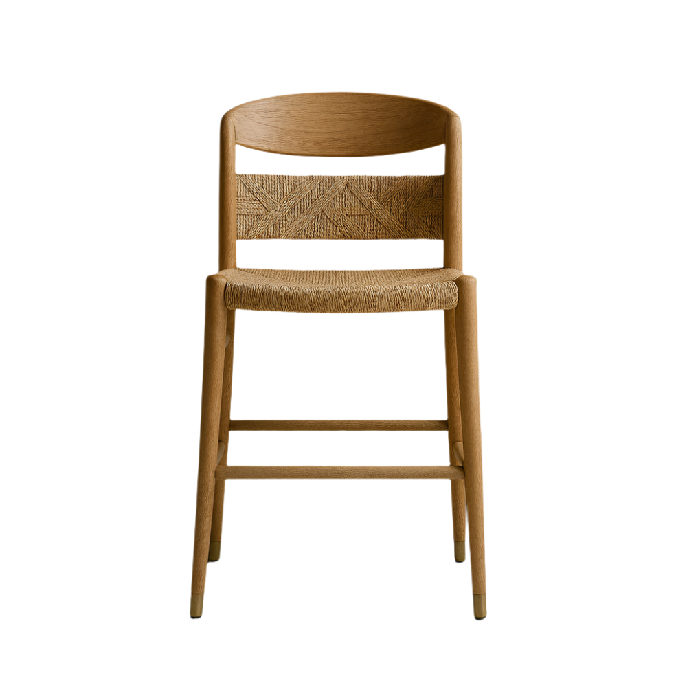 Front view of a mid-century modern bar stool in natural solid wood with a woven papercord seat and back panel, rounded top backrest, tapered legs and a lower footrest.
