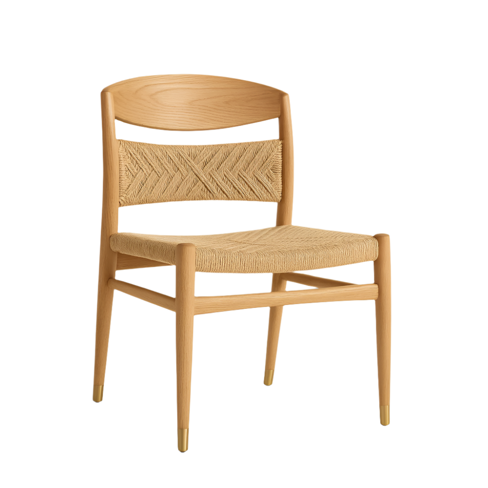 Mid-century modern natural wood dining chair with woven seat and back, armless frame, tapered legs and brass-tone leg caps on a white background.
