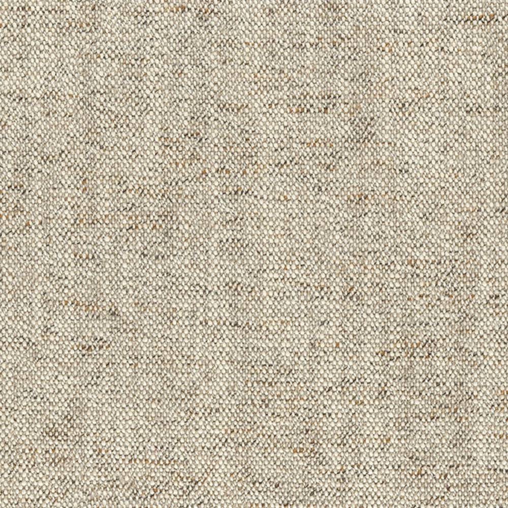 Close-up of beige woven upholstery fabric with subtle tan flecks, showing a tight plain weave and visible yarn texture; 5% linen, 10% rayon, 35% acrylic and 50% polyester blend for sofa upholstery.