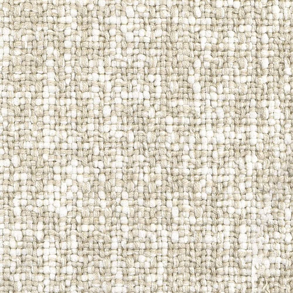 Close-up of beige-cream woven upholstery fabric showing a chunky basketweave texture, made from a linen, rayon, cotton and polyester blend for contemporary sofa upholstery.