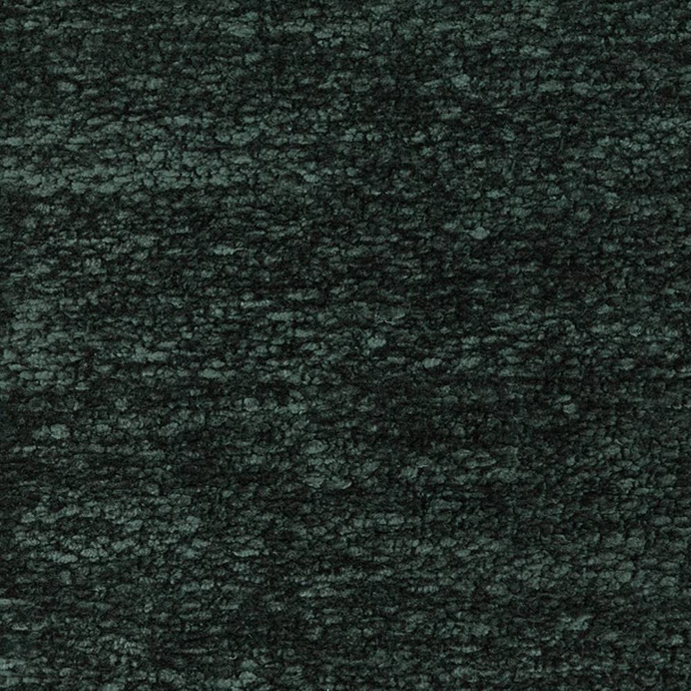 Close-up of dark green boucle upholstery fabric swatch in a 6% linen, 7% rayon, 87% polyester heavy-duty blend showing nubby, textured surface for indoor sofa upholstery.