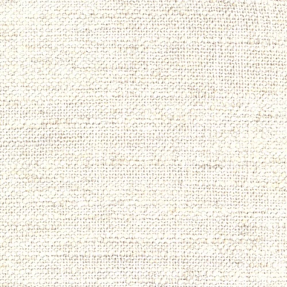 Close-up of a cream woven upholstery fabric swatch showing a textured looped weave; 15% linen, 25% rayon, 20% acrylic and 40% triacetate blend, ideal for contemporary sofas.