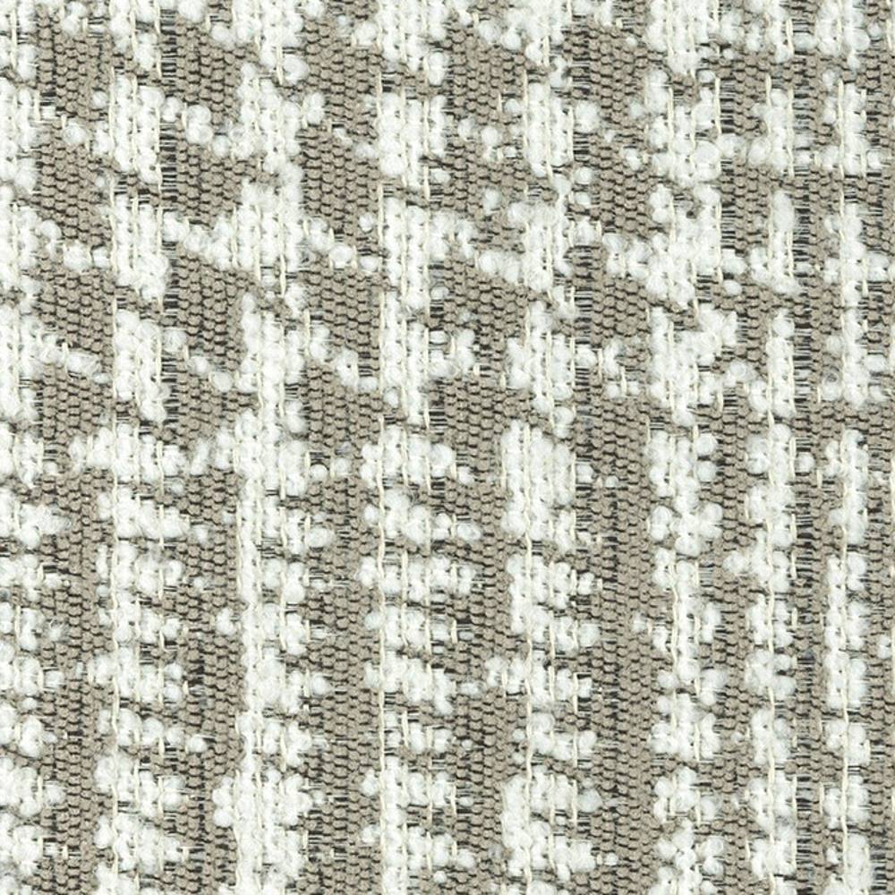 Close-up of beige and gray contemporary upholstery fabric showing a woven taupe background with white boucle-like textured flecks forming a subtle vertical stripe pattern; 29% viscose, 11% acrylic, 60% polyester.