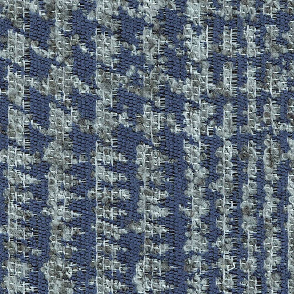 Close-up of blue-gray woven upholstery fabric sample showing textured looped yarns and an irregular grid pattern; 29% viscose, 11% acrylic, 60% polyester, contemporary durable sofa fabric.