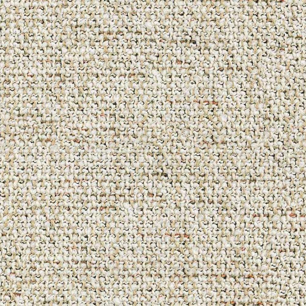 Close-up of beige woven upholstery fabric swatch with a looped, textured basketweave; 9% linen, 30% acrylic and 61% polyester blend ideal for contemporary sofas.