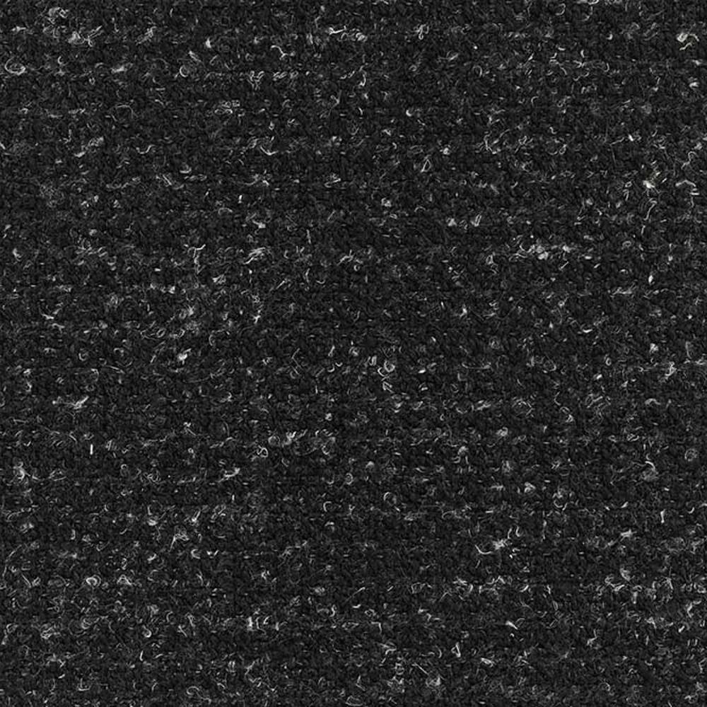 Close-up of charcoal tweed upholstery fabric swatch with textured woven surface and light grey and white fiber flecks; 10% wool, 45% acrylic, 5% linen and 40% polyester composition for durable sofa upholstery.