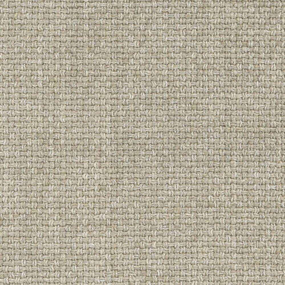 Close-up of neutral beige woven upholstery fabric for sofas, showing a tight basket-weave texture in a 13% linen, 45% acrylic, 42% polyester heavy-duty blend.