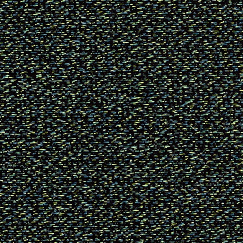 Close-up of contemporary rayon and polyester upholstery fabric showing a dark neutral background with densely woven small green and blue flecks, textured for sofa use.