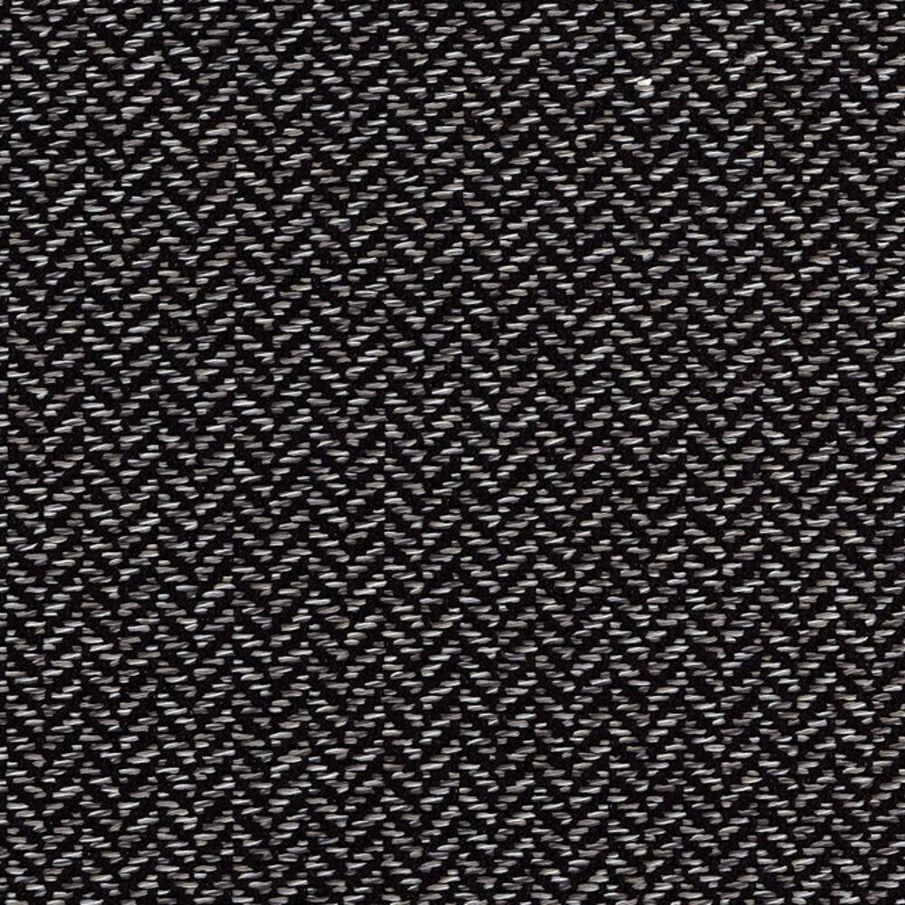 Close-up of a neutral woven upholstery fabric showing a dense small-scale herringbone chevron pattern in dark and light threads; 38% rayon, 62% polyester, for contemporary and modern sofas or office seating.