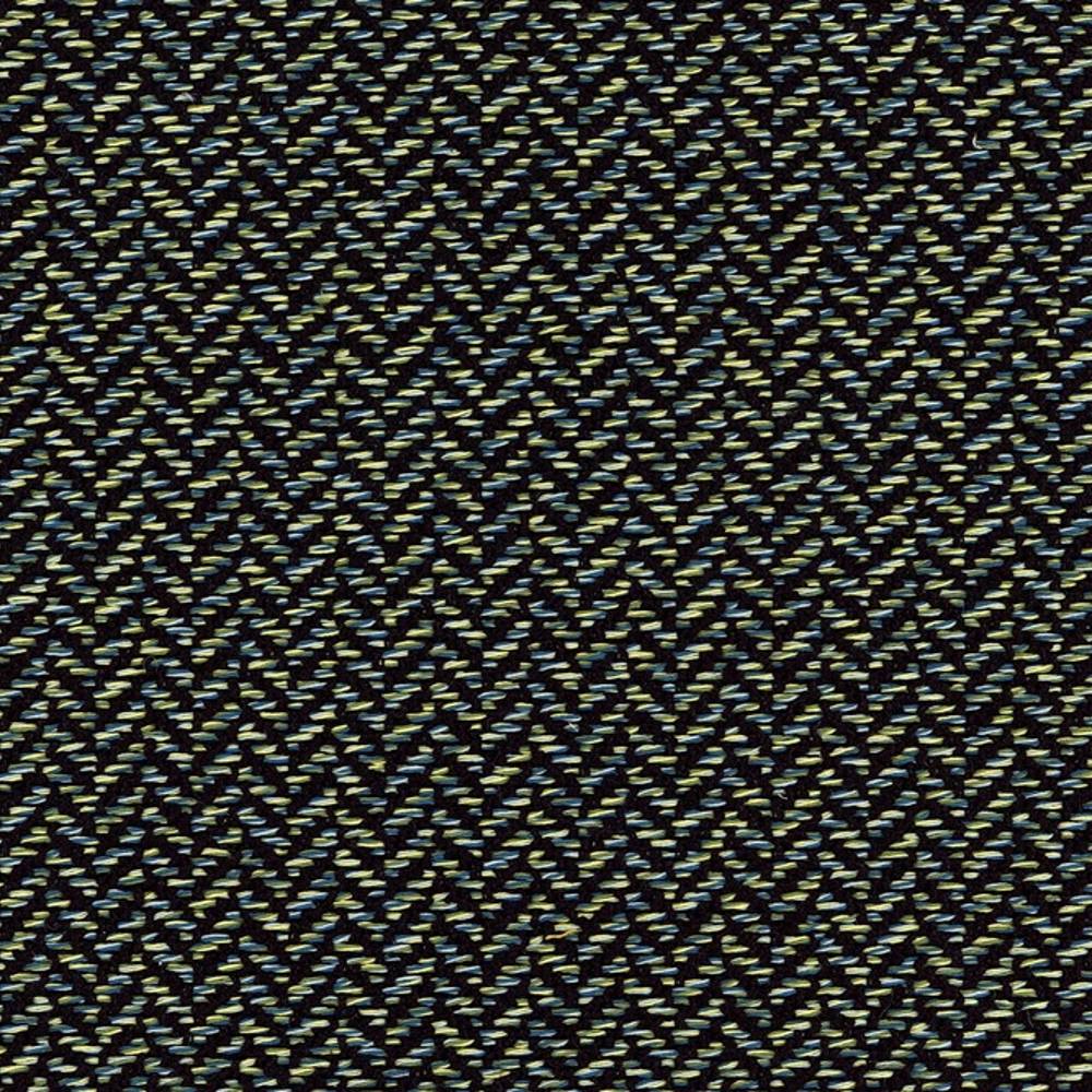 Close-up of woven upholstery fabric (38% rayon, 62% polyester) on a dark neutral ground with lime-green and teal flecks forming a subtle herringbone chevron pattern, a modern contemporary texture for sofas and office seating.