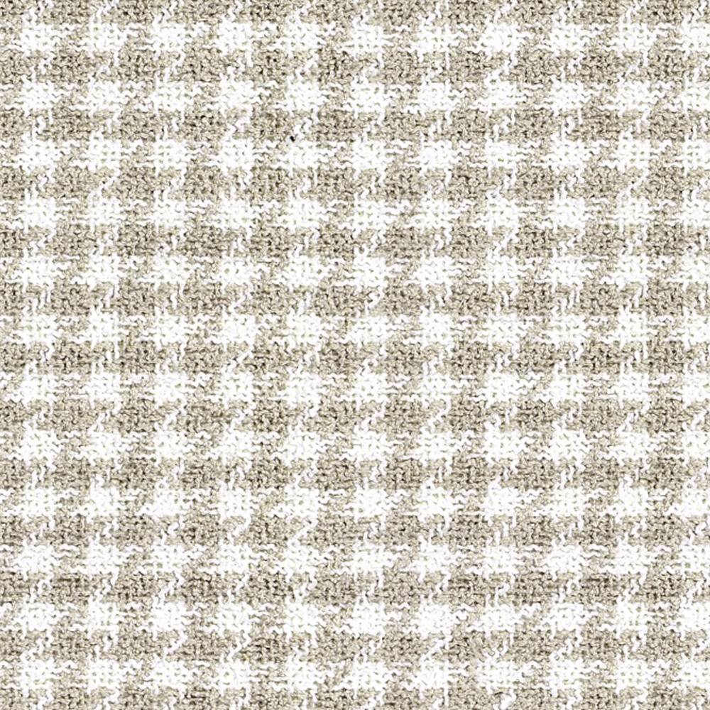 Beige and white small-scale houndstooth upholstery fabric sample with a textured woven surface, 68% rayon and 32% triacetate blend, 0.75 in x 0.75 in pattern repeat, shown for sofa/upholstery use.