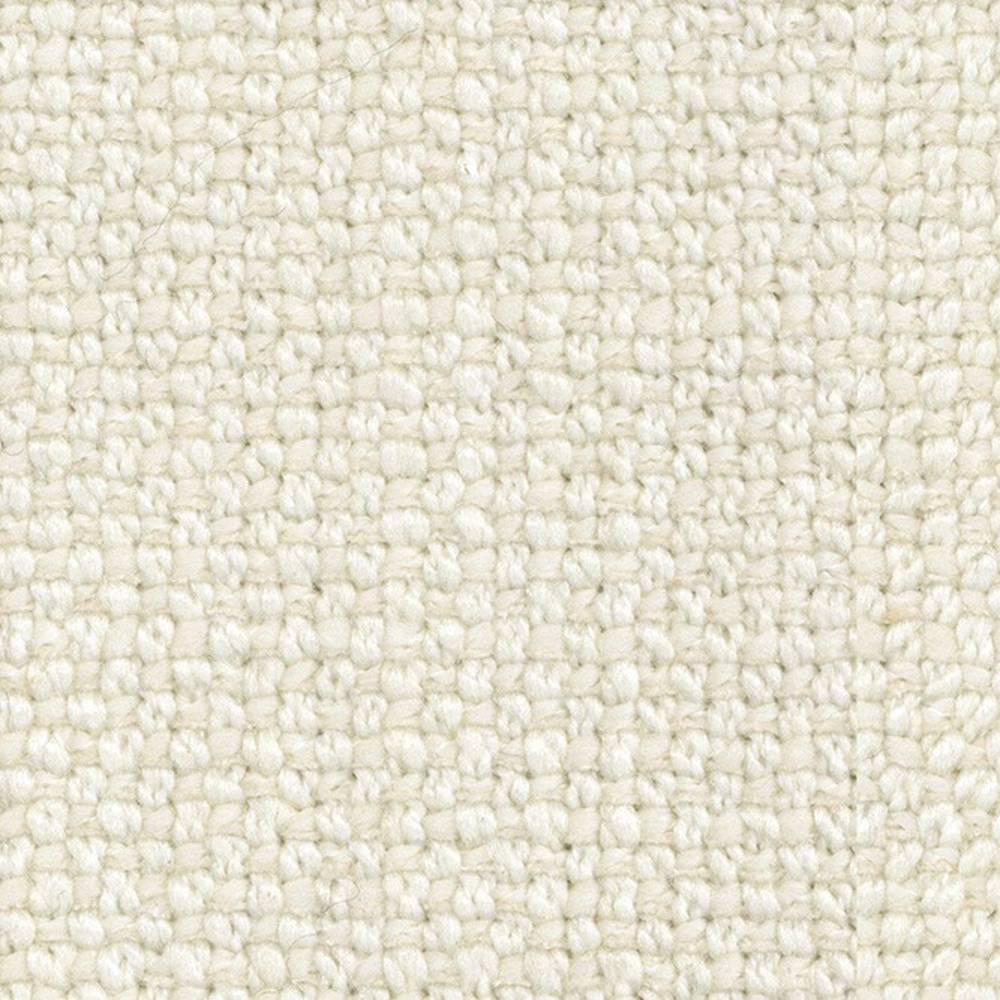 Close-up of cream, looped upholstery fabric showing a nubby woven texture; 17% wool, 10% viscose, 61% acrylic and 12% polyester blend for sofa use.