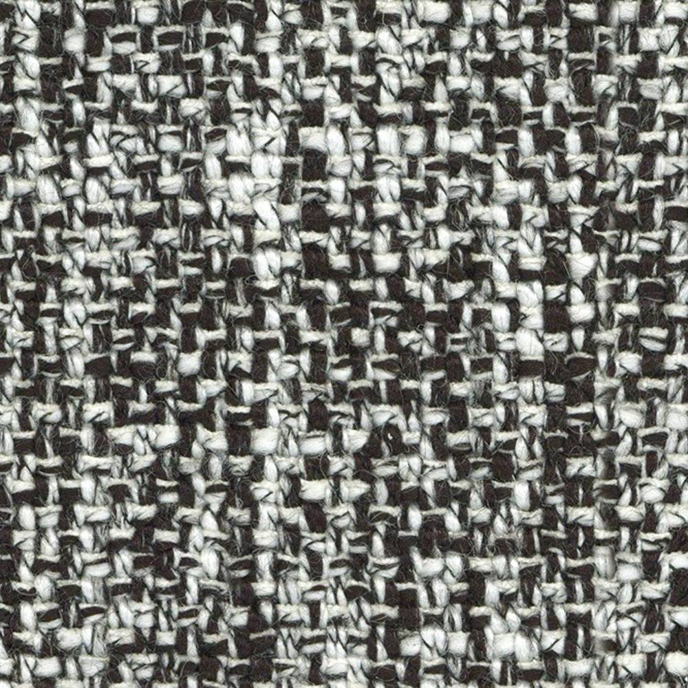 Close-up of cream and dark brown woven tweed upholstery fabric showing textured wool-blend yarns and small looped fibers, suitable for sofa upholstery.