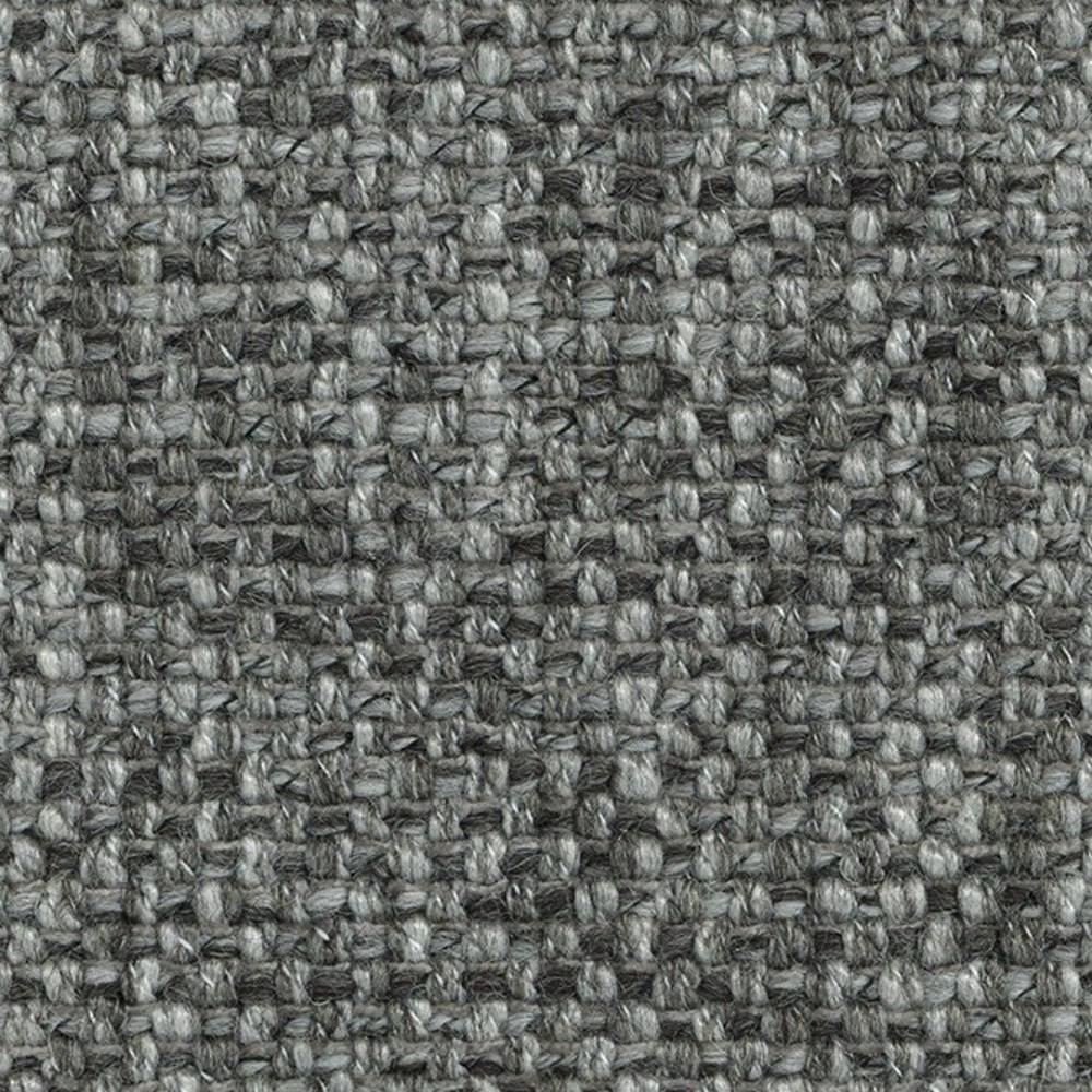 Close-up of a neutral grey woven upholstery fabric showing a textured basket-weave pattern in a 17% wool, 10% viscose, 61% acrylic and 12% polyester blend, suitable for sofas.