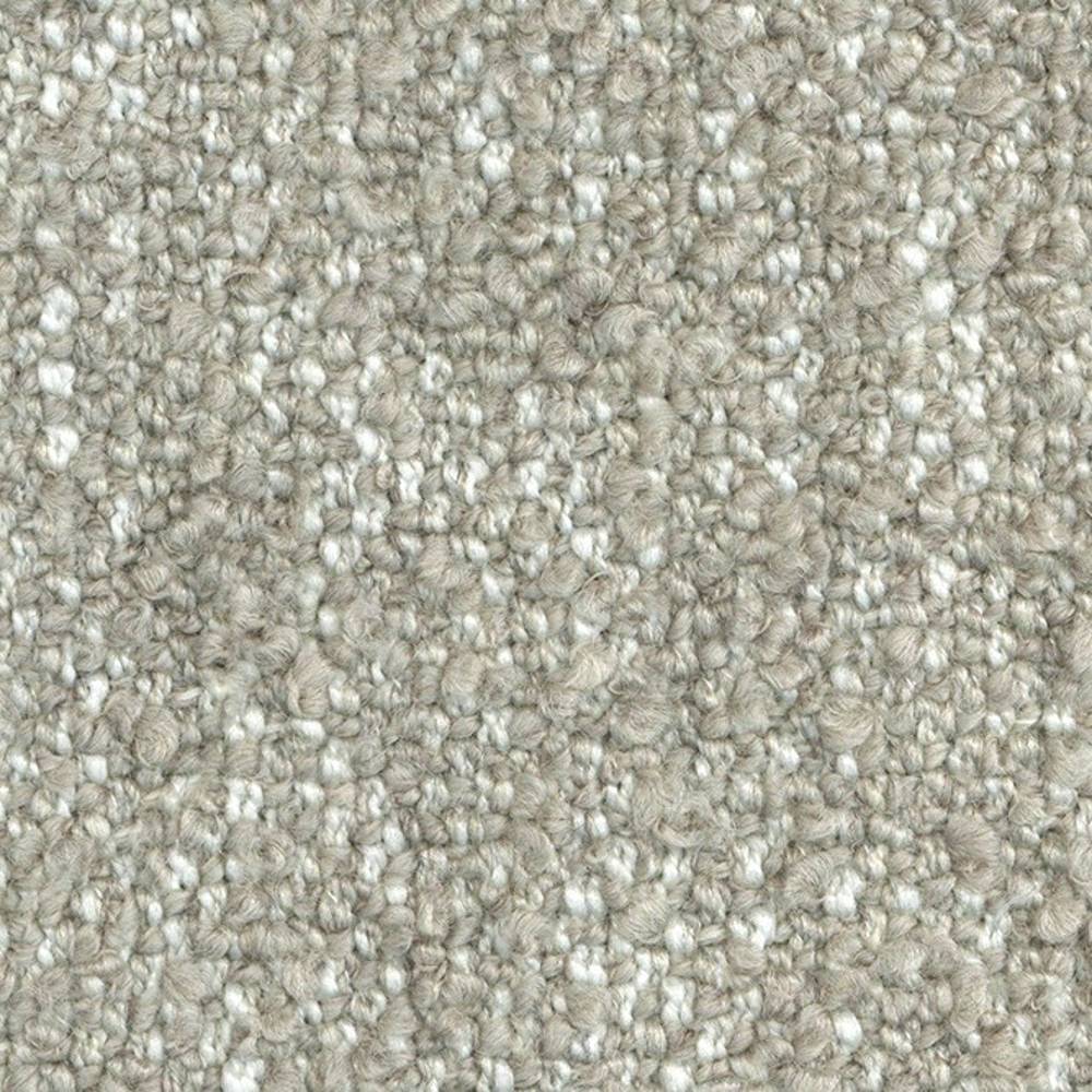Close-up of light neutral boucle upholstery fabric in cream and beige tones, showing dense looped woven texture and soft nap; 24% wool, 66% acrylic, 10% polyester blend for contemporary sofas.