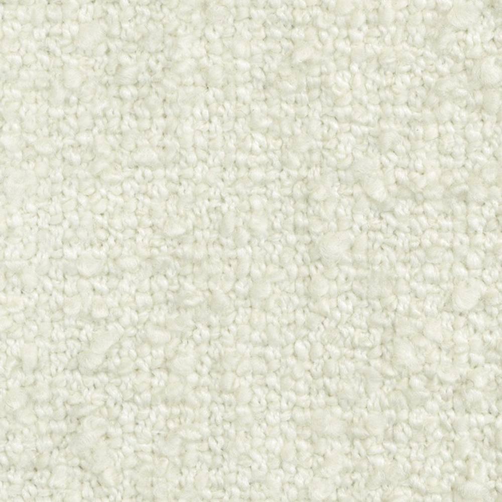 Close-up of white boucle sofa fabric showing a soft, looped nubby texture; wool-blend composition (24% wool, 66% acrylic, 10% polyester) ideal for contemporary modern upholstery.
