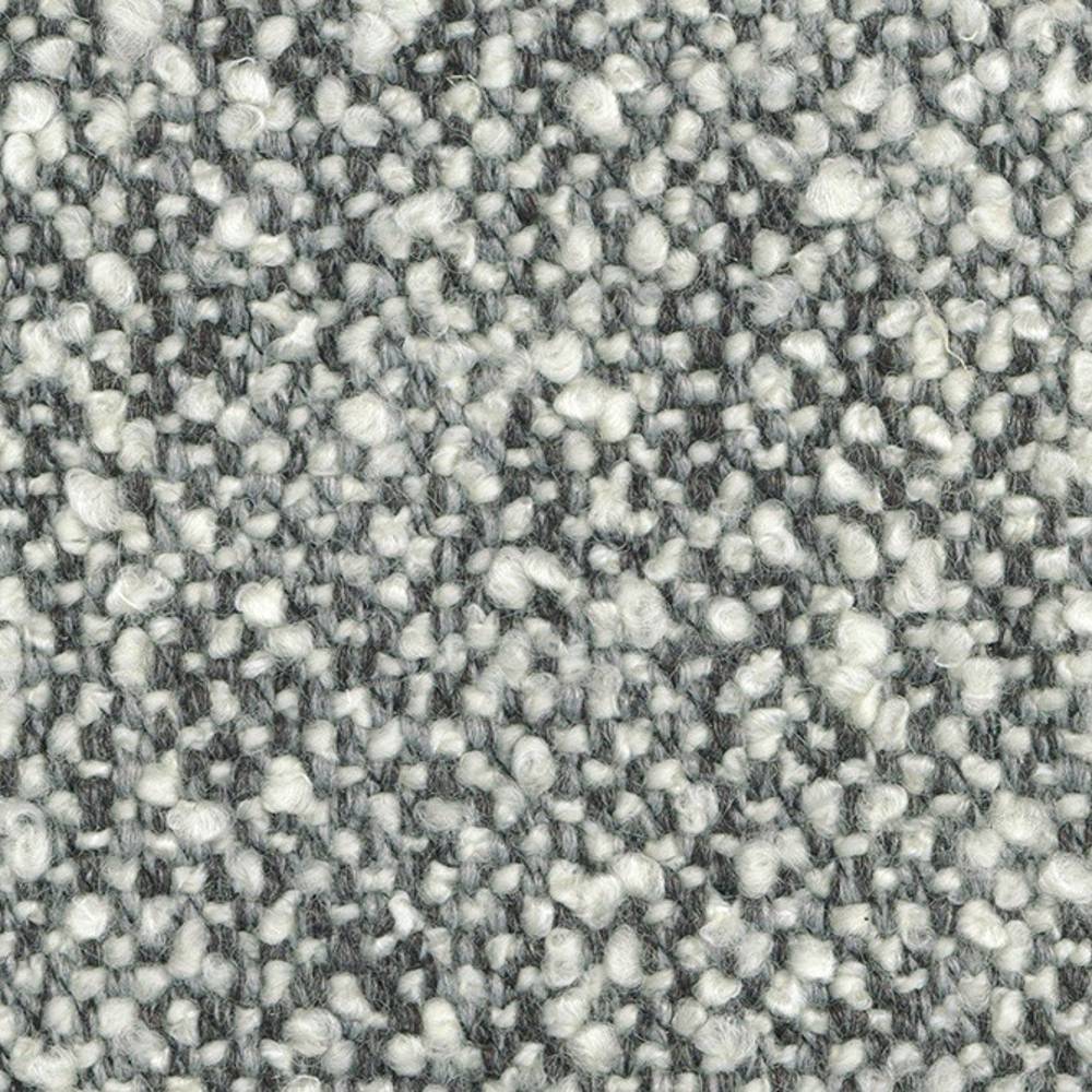 Close-up of white and light-gray boucle upholstery fabric showing dense looped texture; 24% wool, 66% acrylic, 10% polyester blend designed for contemporary sofas.