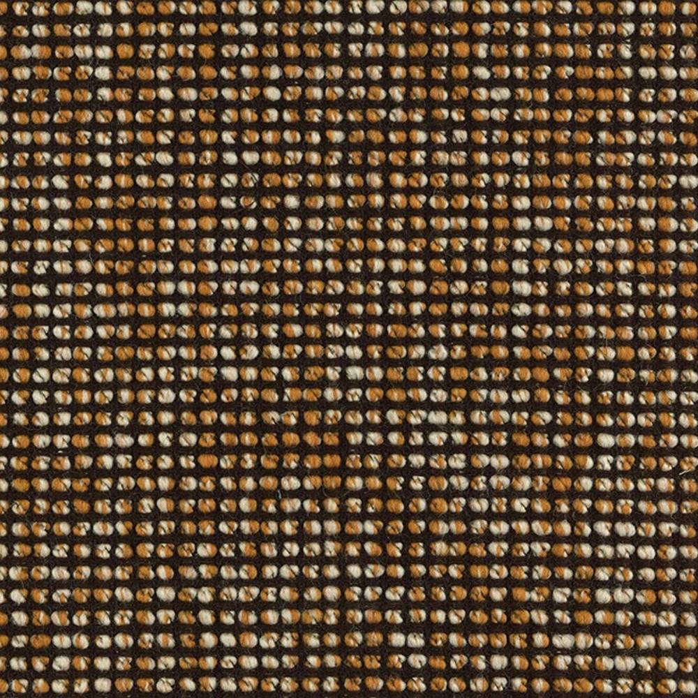 Close-up of tightly woven upholstery fabric showing a dark brown grid with tan and cream looped yarns, a textured linen and wool blend with viscose and polyester for a neutral, durable sofa fabric.