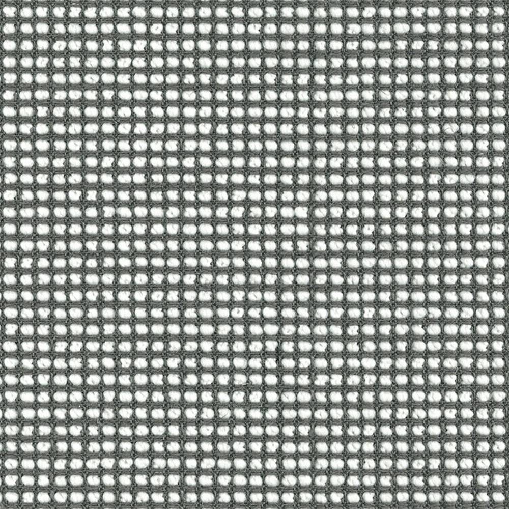 Close-up of a neutral white and gray upholstery fabric showing a small square open-weave grid and textured yarns; material blend of linen, wool, acrylic, viscose and polyester for sofa use.