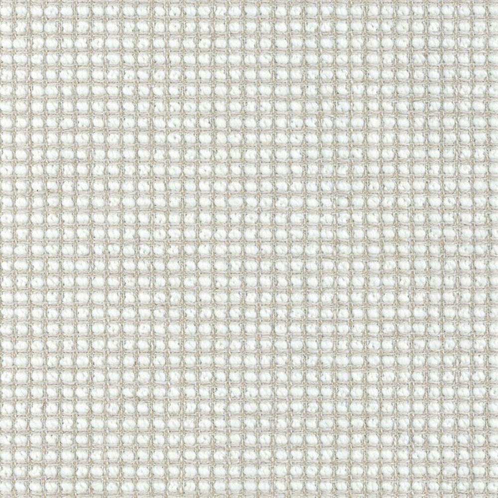 Close-up of white neutral woven upholstery fabric showing a small square grid waffle weave; textured blend of linen, wool, viscose, acrylic and polyester suitable for sofa upholstery.