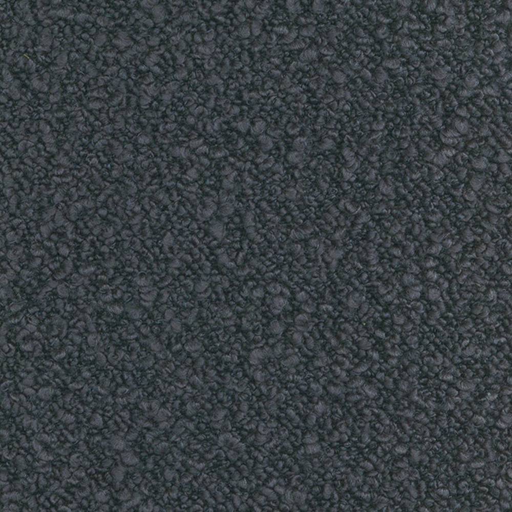 Close-up of dark charcoal boucle upholstery fabric in a 31% wool, 55% acrylic, 14% polyester blend showing dense looped texture, ideal for contemporary and modern sofas.