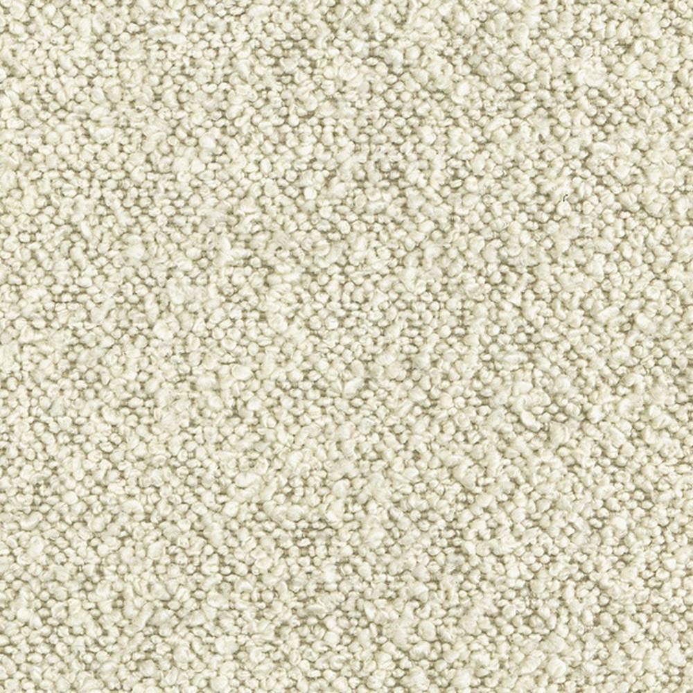 Close-up of cream boucle upholstery fabric with dense looped texture; 31% wool, 55% acrylic, 14% polyester blend suitable for contemporary and modern sofas.