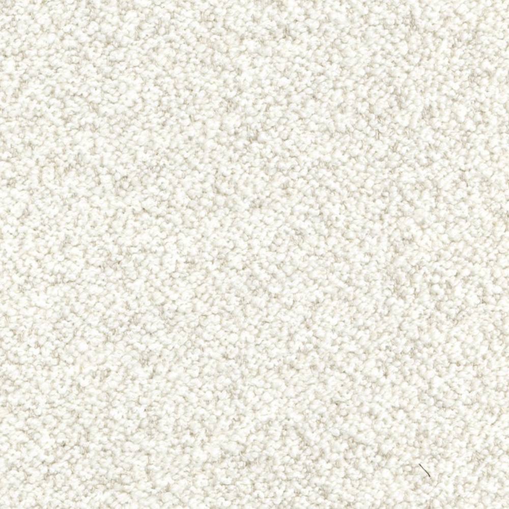 Close-up of cream boucle upholstery fabric showing dense looped texture in an off-white neutral tone; 10% wool, 12% linen, 19% viscose blend designed for sofa upholstery.