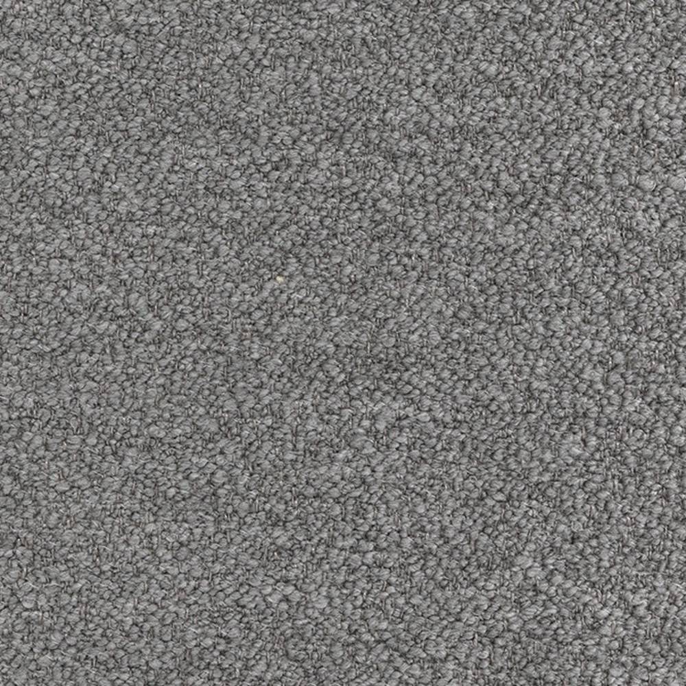 Close-up of a light grey bouclé upholstery fabric swatch with tight looped texture, ideal for sofas; blended fibers include wool, linen, viscose, acrylic and polyester.