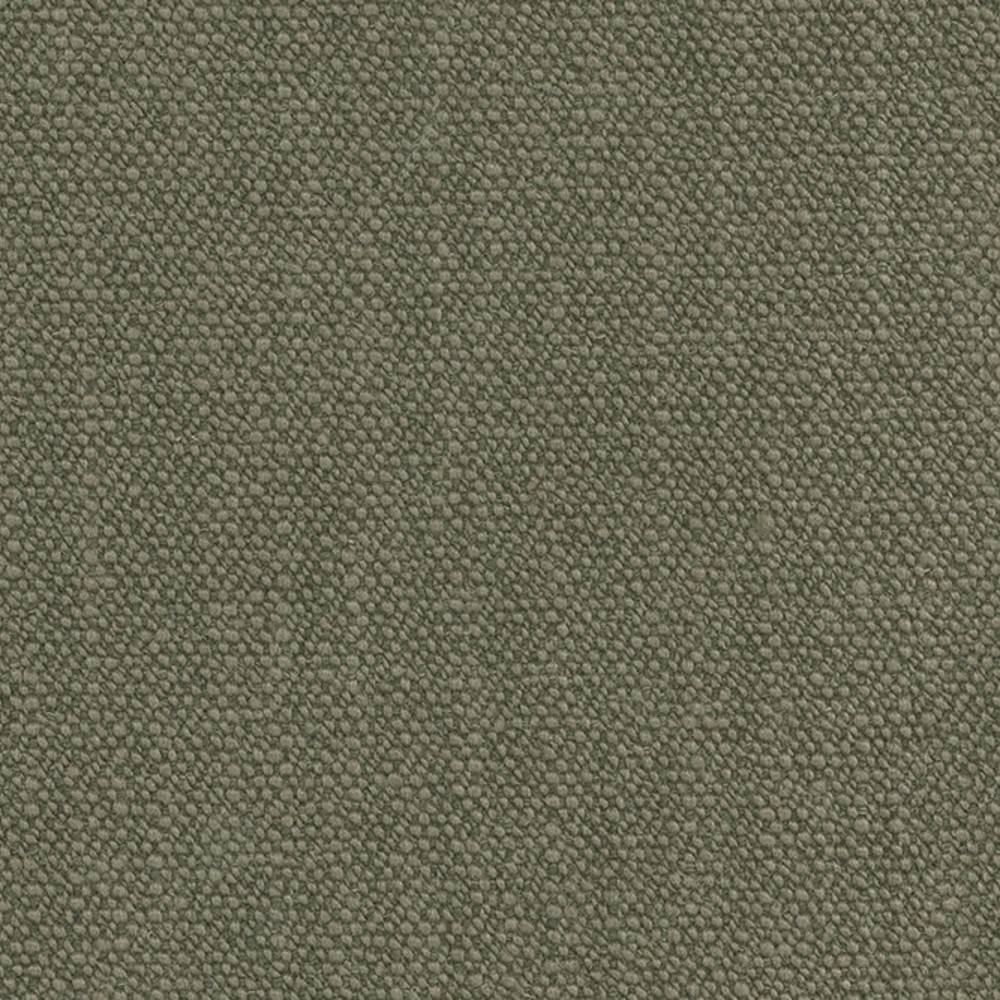Close-up of neutral olive-gray upholstery fabric showing a tight pebble-like weave, composed of 14% wool, 3% linen, 52% acrylic and 31% polyester, intended for contemporary sofa upholstery.