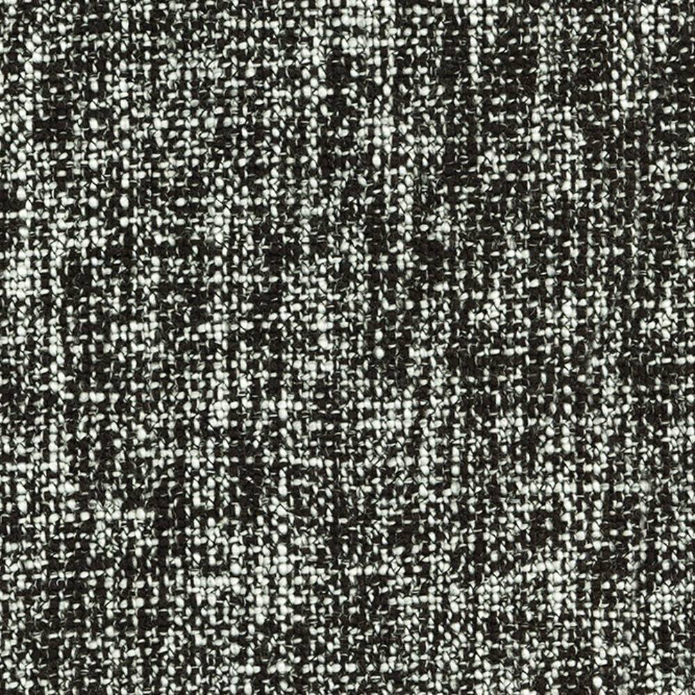 Close-up of a textured charcoal and ivory woven upholstery fabric (18% wool, 57% acrylic, 24% polyester) showing a tight, looped weave suitable for contemporary sofas and heavy-duty indoor use.