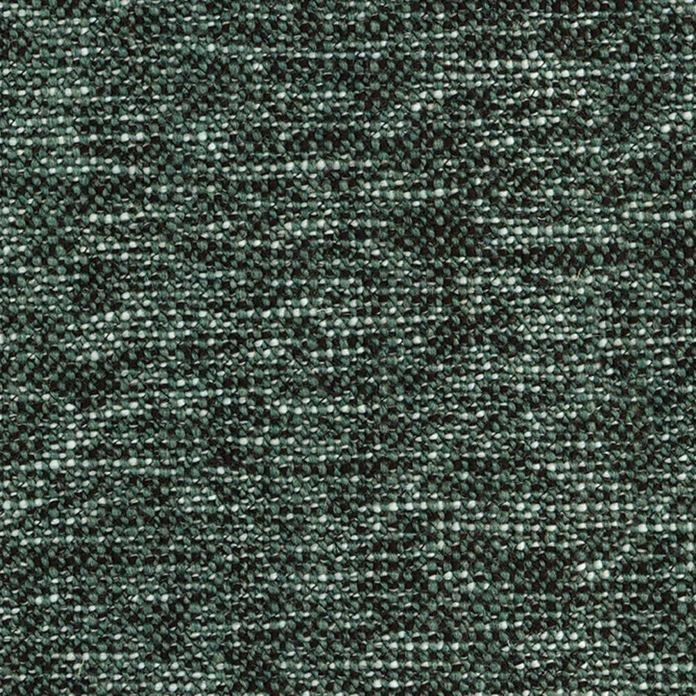 Close-up of marled deep green woven upholstery fabric for sofas, 18% wool / 57% acrylic / 24% polyester blend with textured, speckled yarns in a contemporary finish.
