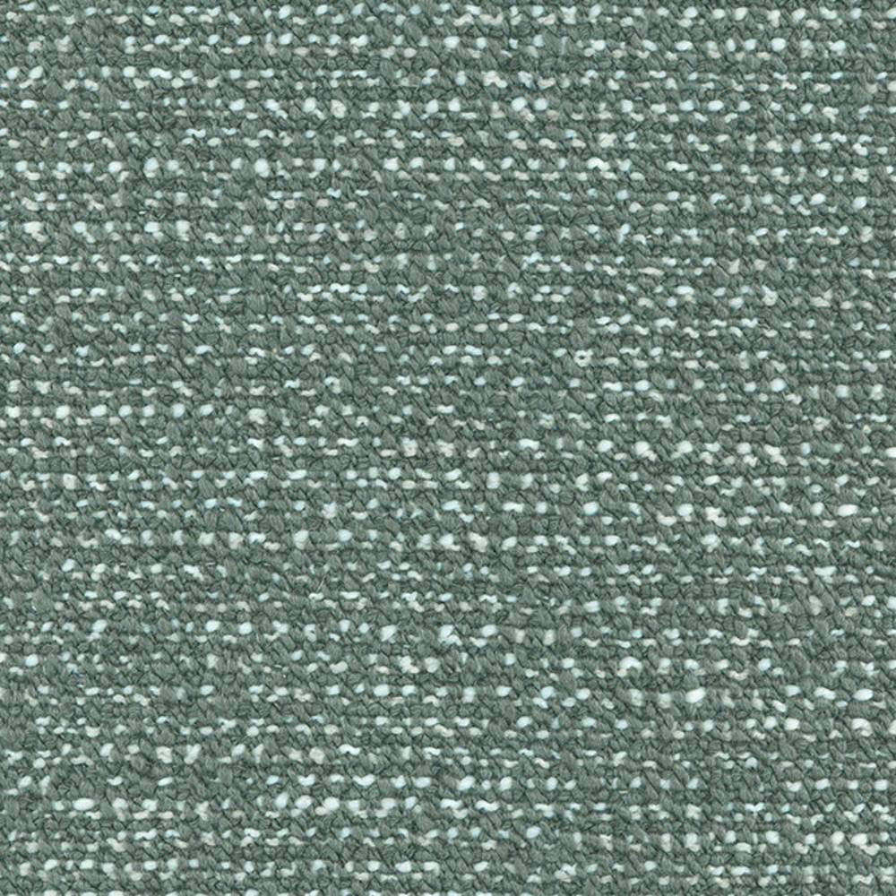 Close-up of sage-green wool-blend upholstery fabric with woven looped texture and small cream flecks, showing tight weave and subtle horizontal variation ideal for sofas.