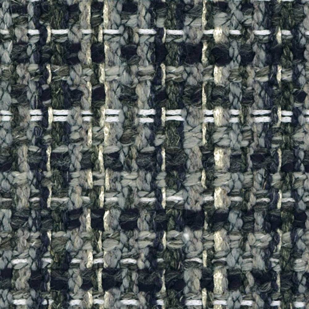 Close-up of textured boucle upholstery fabric in gray, beige and olive tones with dark and white accent threads; woven blend of linen, wool, acrylic and polyester.
