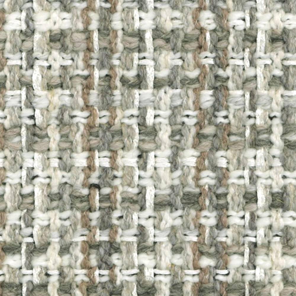Close-up of neutral beige and gray boucle upholstery fabric showing a chunky, grid-like woven texture made from blended linen, wool, acrylic and polyester, suitable for sofa upholstery.