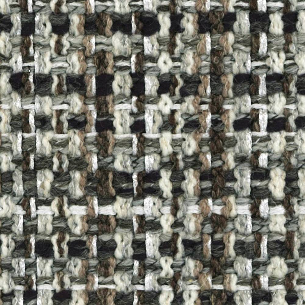 Close-up of neutral boucle sofa upholstery fabric showing beige, gray and brown yarns with black accents; chunky textured grid-like weave in a 9% linen, 10% wool, 32% acrylic and 49% polyester blend for contemporary furniture.