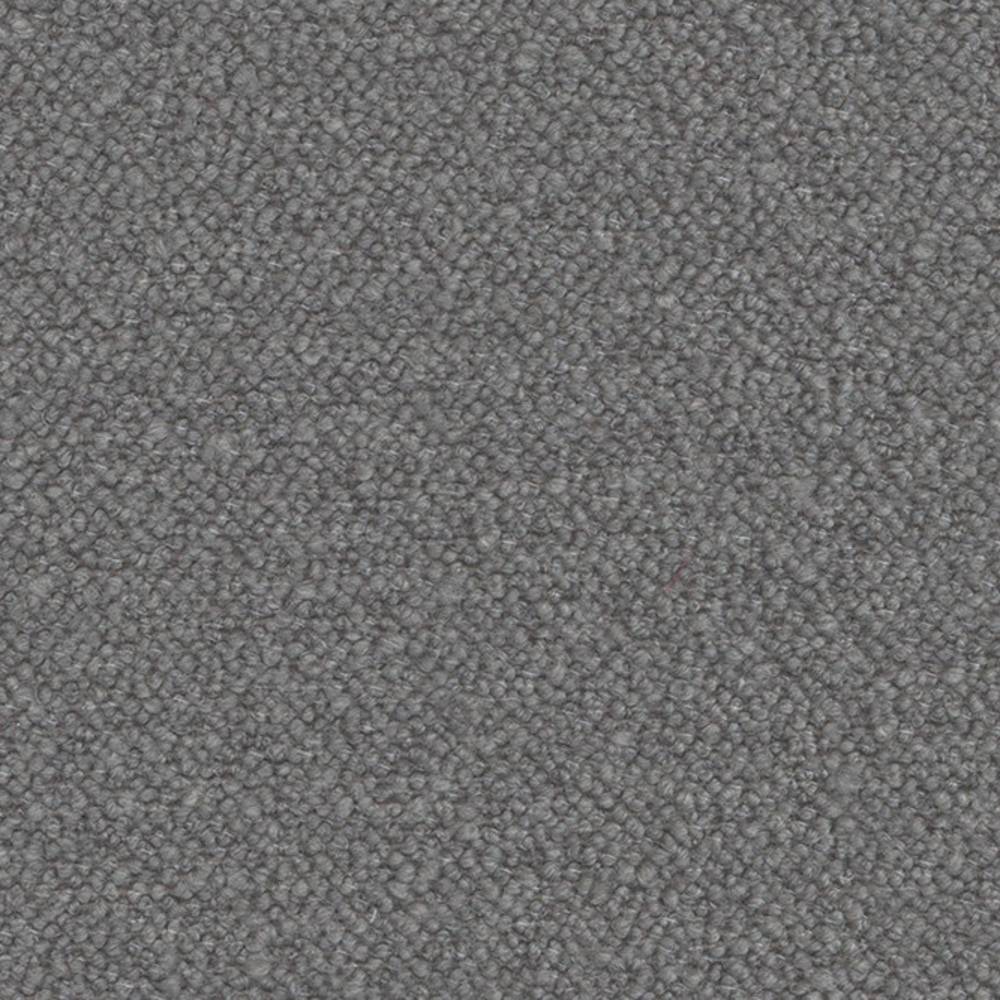 Close-up of soft grey boucle upholstery fabric showing tight looped texture; 30% wool, 50% acrylic and 20% polyester blend suitable for indoor sofa upholstery.
