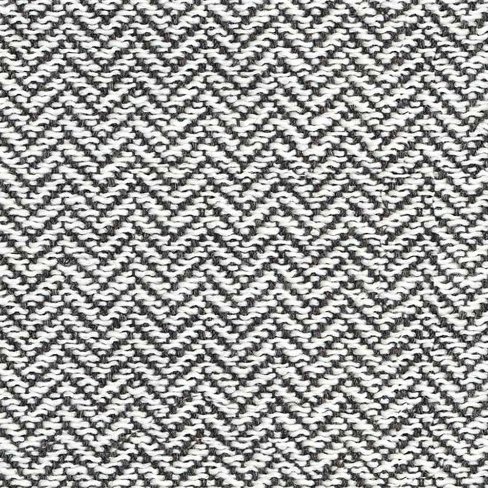 Close-up of gray and white herringbone upholstery fabric showing a textured looped weave; 13% wool, 50% acrylic, 37% polyester, suitable for contemporary sofa upholstery.