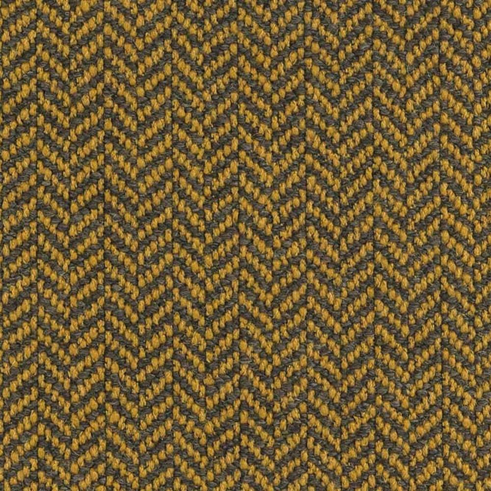 Close-up of a woven chevron upholstery fabric in mustard yellow and charcoal gray, 13% wool/50% acrylic/37% polyester blend showing textured zigzag pattern for contemporary sofas.