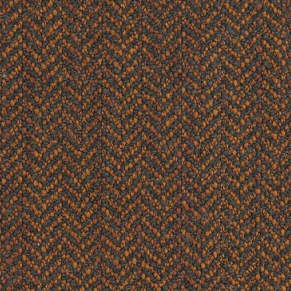 Close-up of textured herringbone tweed upholstery fabric in warm brown and charcoal tones, woven blend (13% wool, 50% acrylic, 37% polyester) suitable for contemporary sofas.
