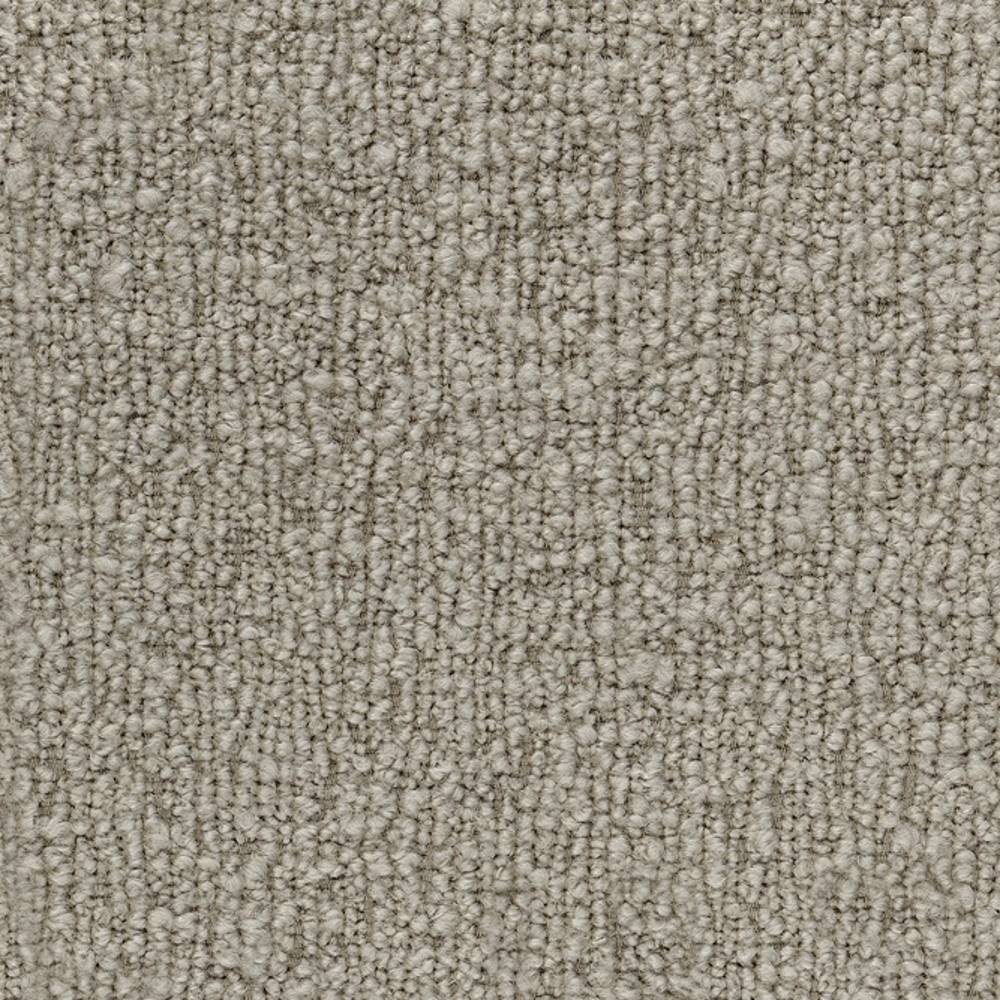 Close-up of beige-gray boucle upholstery fabric showing looped texture and tight weave; 30% wool, 46% acrylic, 24% polyester blend ideal for contemporary and modern sofa or office upholstery.
