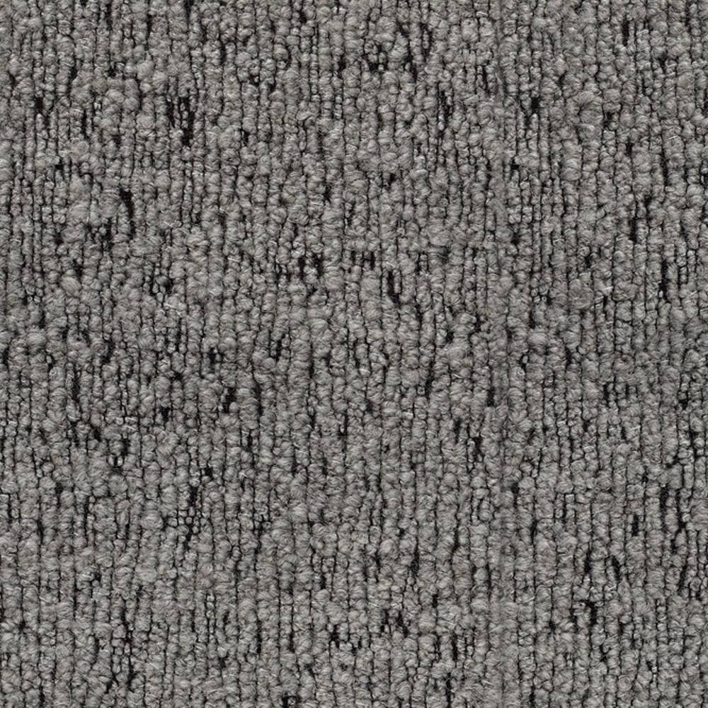 Close-up of textured gray boucle upholstery fabric, a 30% wool / 46% acrylic / 24% polyester blend with tight looped pile and subtle heathered tones, ideal for contemporary sofas and office seating.