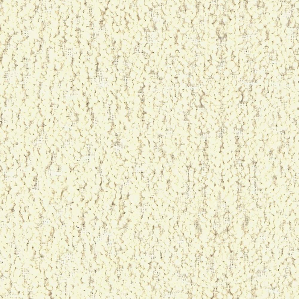 Close-up swatch of cream boucle upholstery fabric for sofas showing a soft, looped nubby texture in a 30% wool / 47% acrylic / 23% polyester blend.